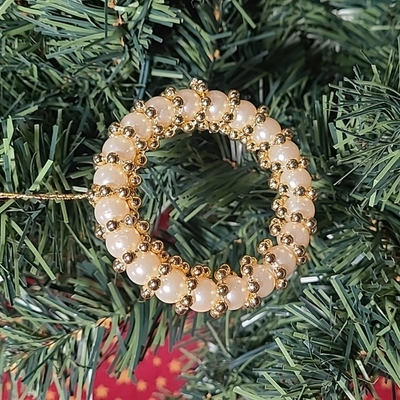 2 Gold Wired Faux Pearl Christmas Wreath Ornaments - Picture 2 of 5